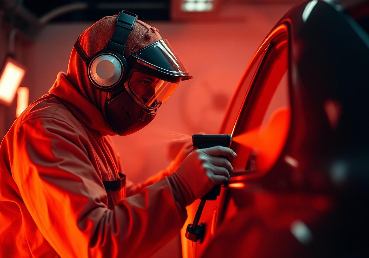 Auto painter applying refinish in spray booth