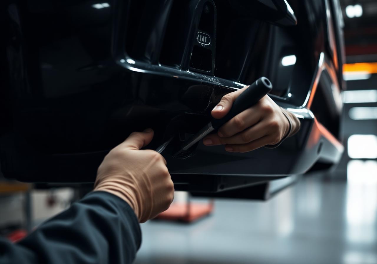 Technician inspecting damaged bumper